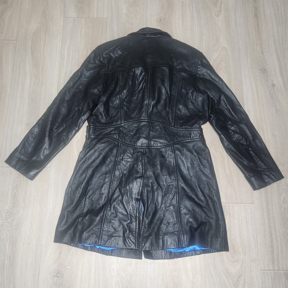Vintage Wilsons Leather Maxima Trench Coat Women's XL Black Blue Lining Y2K 90s - Picture 2 of 14